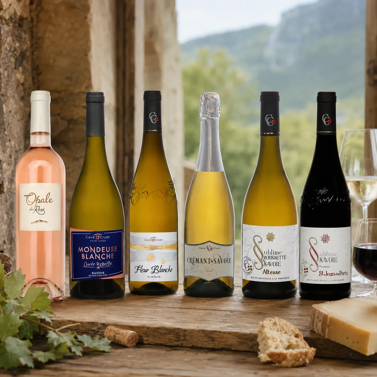Pack de six vins de Savoie Cave de Cruet avec fromage et pain
